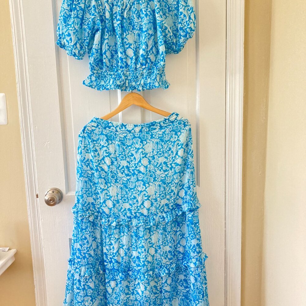 Olivia James Lindsay Skirt & Crop Top Matching Set, Floral Aqua Blue Size Medium - Picture 2 of 7